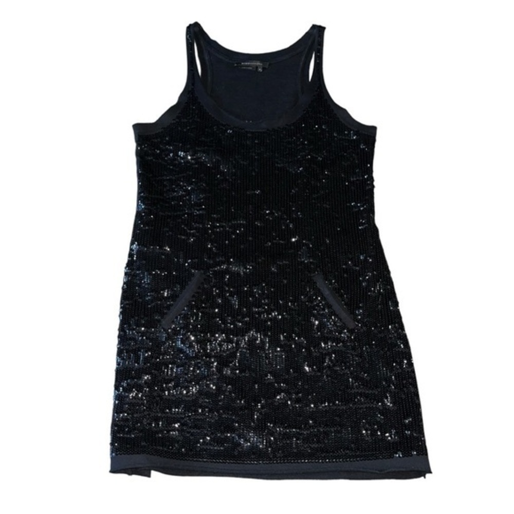 BCBGMAXAZRIA-Women’s Tunic Sequin Embellished Racerback French Terry Black Dress